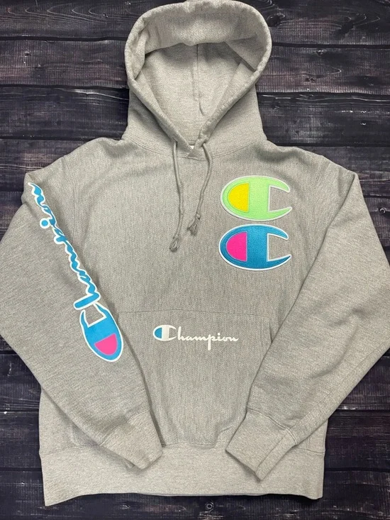 Champion Gray Reverse Weave Neon Multi-Logo Big C Hoodie Size Medium - Picture 1 of 12